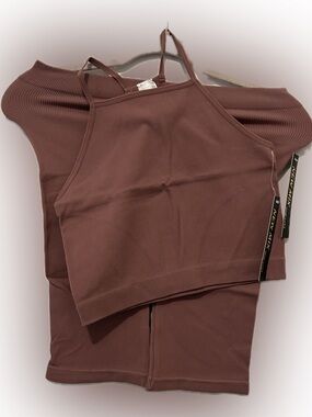 Ribbed Brown Spaghetti Strap Crop Top & short- Women